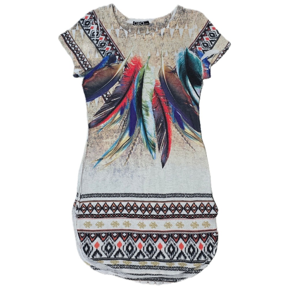 CLEO Apparel Knit Tunic Top Tribal Feather Graphic‎ Bohemian Pattern(Q)